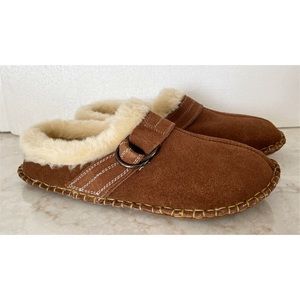 Minnetonka Doris D-Ring Clog Brown Fur-Lined Slippers with Buckle Size 8 NWT